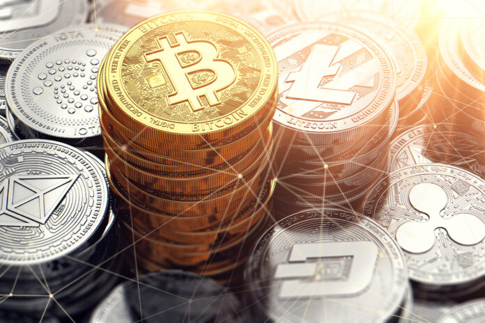 Golden,Bitcoin,Pile,And,Other,Cryptocurrencies,Surrounded,With,Blockchain,Nodes.